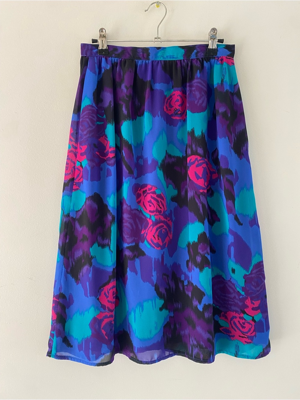 Vibrant Vintage Floral Midi Skirt in Blue & Purple
